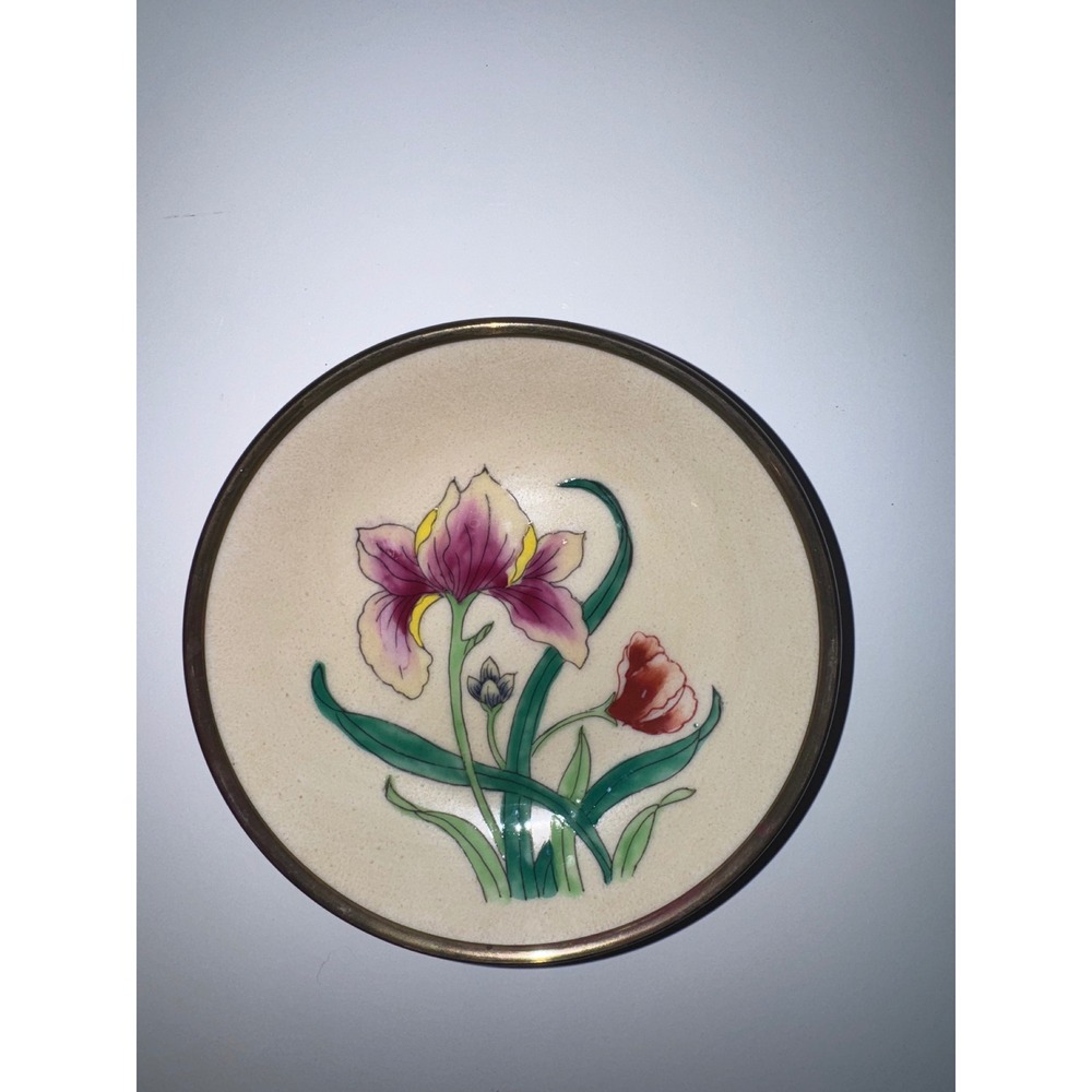 Vintage Brass Encased Porcelain Decorative Bowl Hand Painted Hong Kong Floral